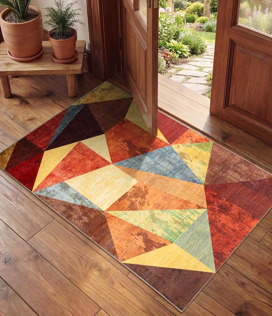 YIHOUSE Brown Entryway Rug 2x3, Small Burnt Orange Rug for Indoor Entrance, Farmhouse Kitchen Rugs Washable,Geometric Area Rug,Vintage Welcome Mats for Front Door, Burgundy Boho Rugs for Entryway