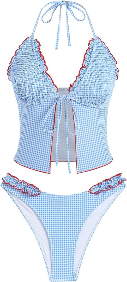 ZAFUL Tankini Swimsuits for Women Smocked Ruffles Tie Front Bowknot Textured High Cut Tanga Tankini Set (Medium, 333-sky Blue)