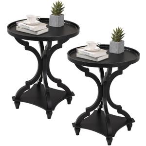 Wnutrees Farmhouse Round Accent End Table, Rustic Side Table Nightstands for Living Room, Wood Tray Top, Handcrafted Finish, Set of 2, Black (No Power strip)