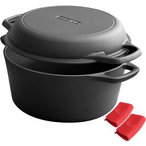 2-in-1 Pre-Seasoned Cast Iron Dutch Oven Pot with Skillet Lid Cooking Pan, Cast Iron Skillet Cookware Pan Set with Dual Handles Indoor Outdoor for Bread, Frying, Baking, Camping, BBQ, 5QT