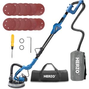 HERZO Drywall Sander,750W 6.5A Electric Sander with Variable Speed 1000-1850 RPM,Vacuum Attachment Powerful Wall Sander with 12Pcs Sanding discs,Extendable Handle, LED Light