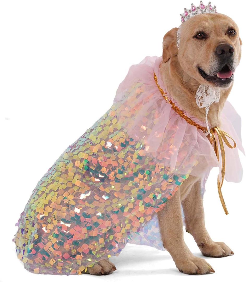 FLAdorepet Dog Princess Dress Costume with Rhinestones Crown,Pet Cat Cape Cloak Birthday Party Wedding Dress Up Outfits,Rainbow Mermaid Halloween Costume Clothes,X-Large (Pink)