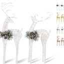 ZHANYIGY 2pc Set White Pinecone Rattan Thread String Christmas Reindeer Figurine Table Desk Decorations Glittering Xmas Holiday Party Supply