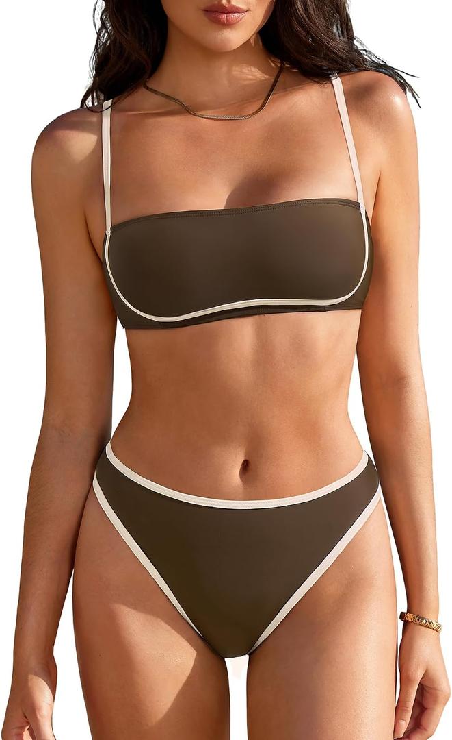 SUUKSESS Women Bandeau High Waisted Bikini Set Cheeky High Cut 2 Piece Swimsuits (Brown, S)