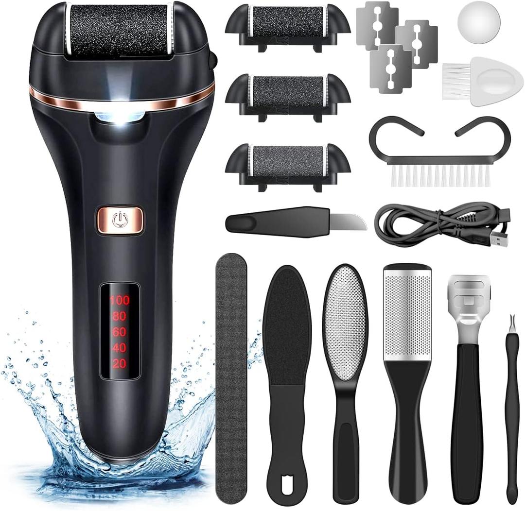 AdamPark Electric Callus Remover for Feet,Rechargeable Foot File Hard Skin Remover,Waterproof 14 in1 Professional Pedicure Kit for Cracked Heels &Dead Skin,with 3 Roller Heads 2 Speed(Black J8)