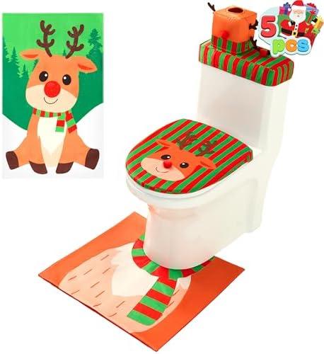 JOYIN 5 Pieces Christmas Reindeer Bathroom Decoration Set with Toilet Seat Cover, Tank Cover, Toilet Paper Cover, Xmas Bathroom Indoor Decor for Holiday Use Party Favors