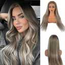 Belaved 3T8P613 Ombre Ash Brown Lace Front Wigs Human Hair HD Frontal Wig Human Hair Dark Brown Roots Pre Plucked Glueless 180% Density Seamless Highlights 13x6 Straight for Women 16 Inch