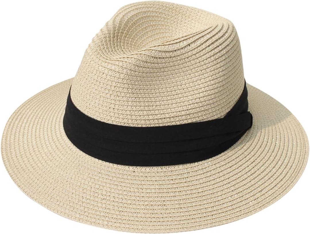 Lanzom Women Wide Brim Straw Panama Roll up Hat Fedora Beach Sun Hat UPF50+ (One Size-Medium, 01-fold Belt Khaki)