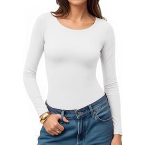MANGOPOP Womens Tops Long Sleeve Crew Neck t Shirts Double Lined Slim Fitted Lined Tight Basic Tee Shirt XXL