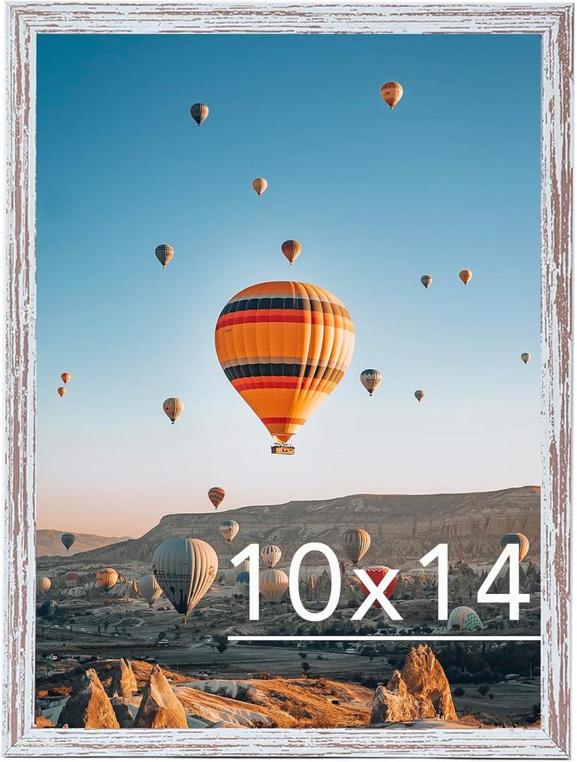 JCJMY 10x14 inch Picture Frame, Horizontal and Vertical Formats for Wall Hanging, 10 x 14 Wall Gallery Poster Photo Frame with Shatter Resistant Plexiglass,Rustic White