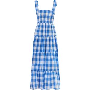 kinstell Women's Summer Boho Spaghetti Strap Square Neck Ruffle Casual Flowy Long Dress Beach Swing Party Maxi Dress (Large, Blue Plaid)