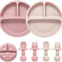 Eascrozn Silicone Feeding Set, Pack of 2 Divided Toddler Plates with Suction, 2 Pack Utensils - Spoons & Forks, BPA Free, Baby Led Weaning Supplies