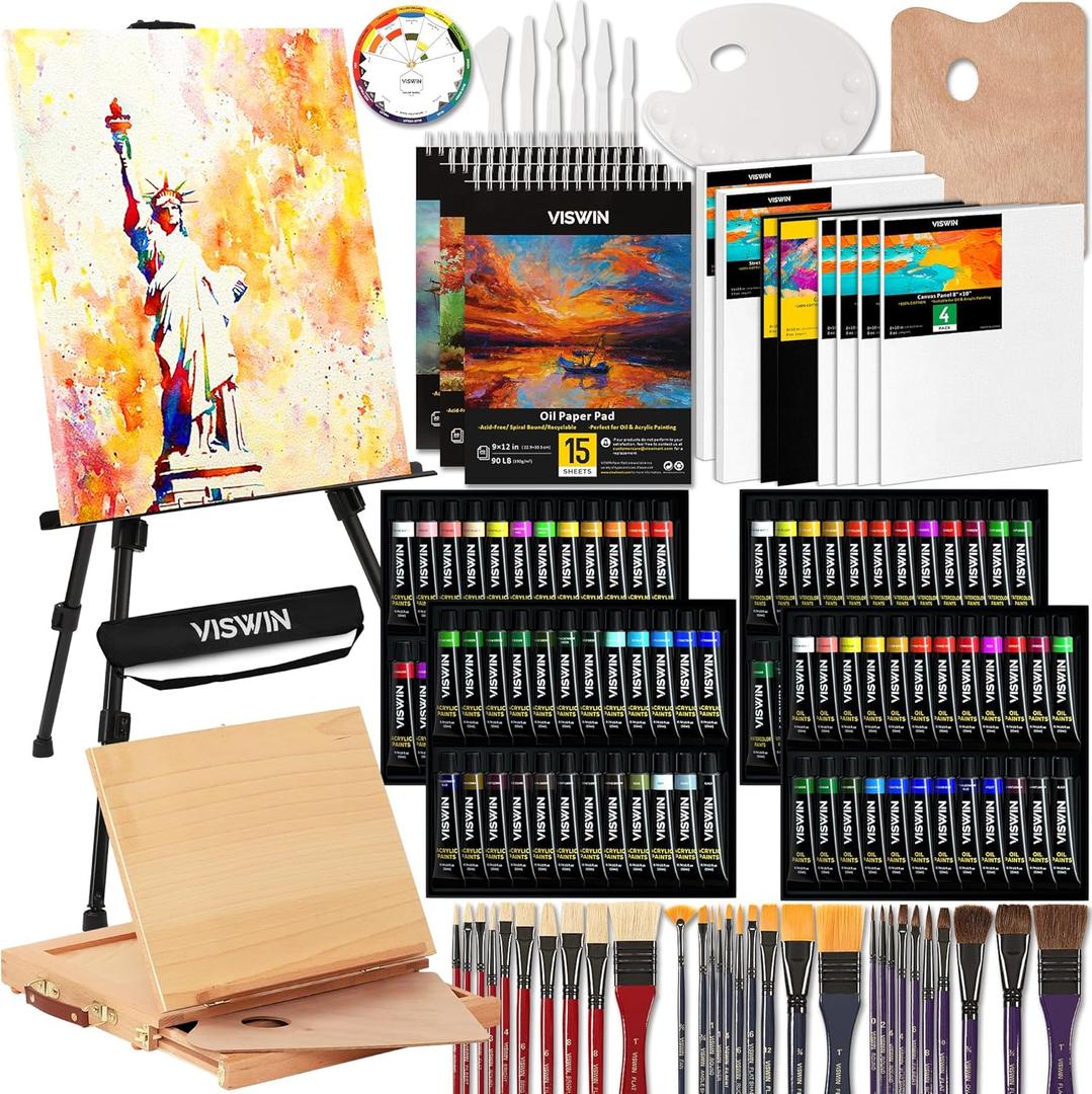 VISWIN Professional All-in-One Art Painting Kit with Aluminum & Beech Wood Easel, 96 Acrylic, Watercolor & Oil Paint Set, Canvas, Painting Set with Complete Art Supplies for Adult, Artist, Beginner
