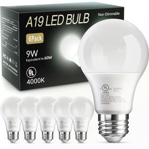 TJOY 6 Pack A19 LED Light Bulbs, 60 Watt Equivalent LED Bulb, Efficient 9W, Cool White 4000K, E26 Standard Base, Neutral White Lightbulb, Non Dimmable, Energy Saving, 800LM, 80 CRI, 120V, UL Listed