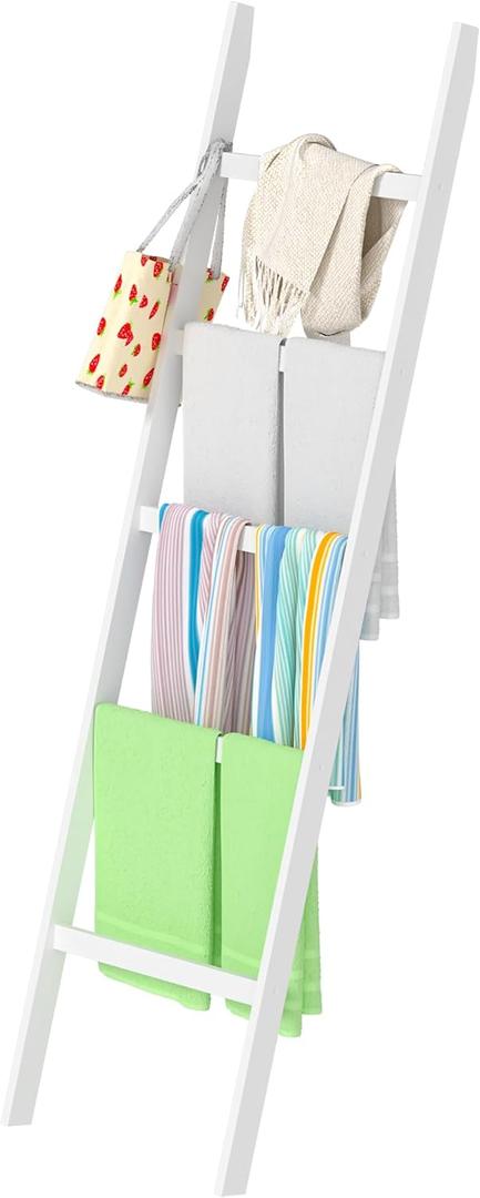 Blanket Ladders for The Living Room, 5-Tier Blanket Holder, Wall-Leaning Blanket Rack, Ladder Shelves, Wooden Quilt Ladder, Farmhouse Decor, Scarf Ladder Shelves for Living Room, Bedroom (White)