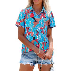 siliteelon Womens Short Sleeve Button Down Shirts Summer Blouses Casual Tops Hawaiian Tropical Floral Printed Camp Shirts (L)