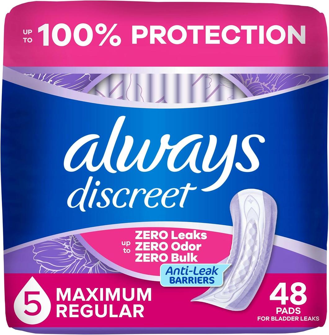 Always Discreet Adult Incontinence Pads for Women, Maximum Absorbency, Regular Length, Postpartum Pads, Up to 100% Bladder Leak Protection, 48 Count
