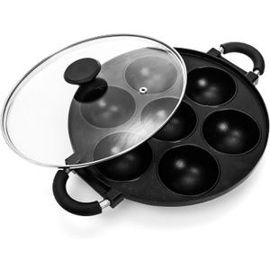 WUWEOT Aebleskiver Pan, Non Stick Appe Grill, 3.15" Appam Maker Griddle, Aluminium Pancake Octopus Ball Half Sphere Pan with 2 Side Handle and Glass Cover Lid