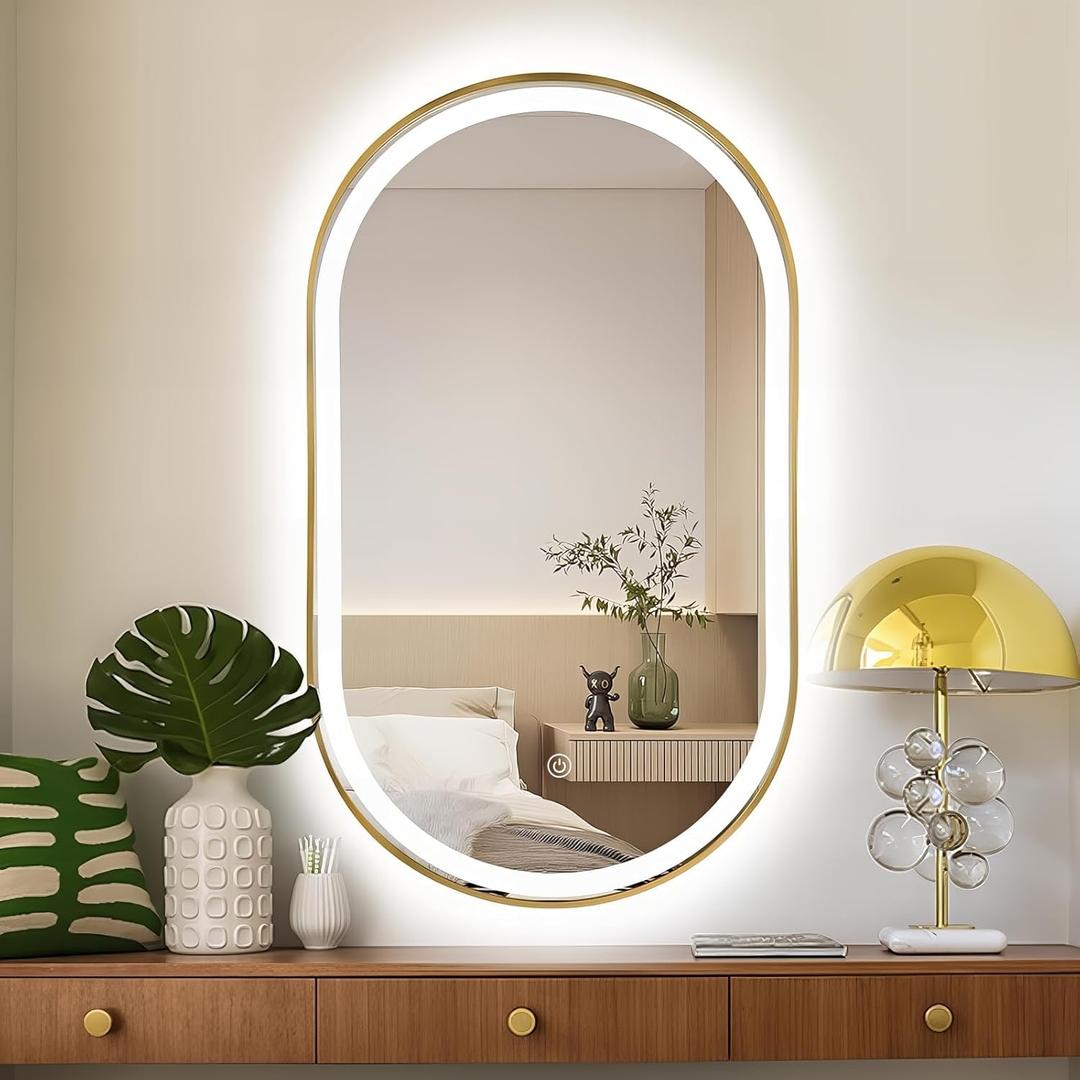 TheiaMo 40"x24" Oval LED Bathroom Mirror with Lights, Gold Anti Fog Lighted Vanity Mirror Wall Mounted, LED Oval Mirror with 3 Colors, Memory, ShatterProof, Front/Backlit, Horizontal/Vertical