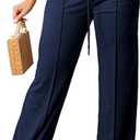 PINSV Women's Casual Wide Leg Pants High Waisted Drawstring Baggy Sweatpants Elastic Straight Leg Lounge Pants (Medium, Navy Blue)