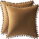 Throw Pillow Cases 16x16 Golden Brown: 2 Pack Cozy Soft Pom-poms Velvet Square Decorative Pillow Covers for Farmhouse Home Decor