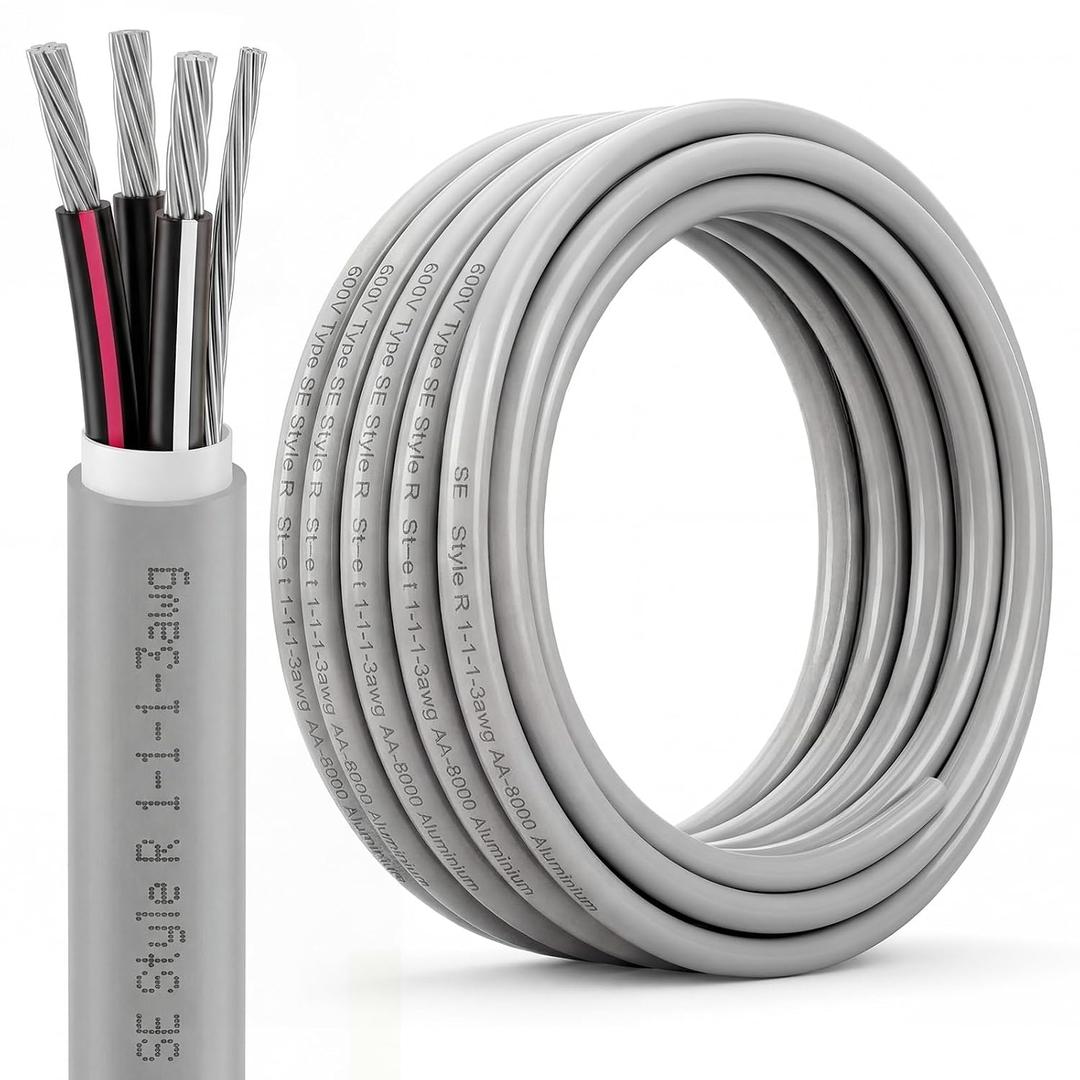 FairySandy 50Ft 1-1-1-3 SER Aluminum Service Entrance Cable - UL Listed 600V 100 Amp - XHHW-2 Insulation Gray PVC Jacket - Above Ground Service Entrance Wire for Main Panel to Sub Panel Feeder