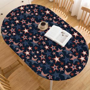 Horaldaily 4th of July Fitted Tablecloth Fit for 64 x 44 Inch Oval, Wooden Vintage Rustic Dark Blue Patriotic Washable Table Cover Elastic Edged for Dinning, Picnic, Camping, Banquet