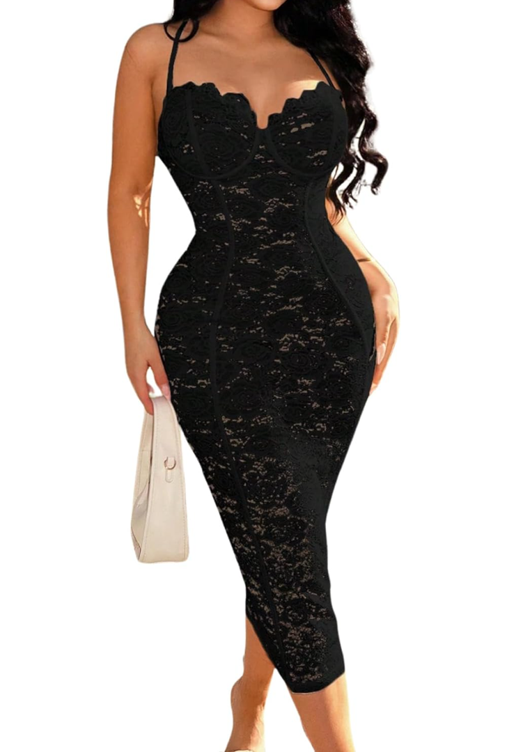 Floerns Women's Lace Spaghetti Strap Backless Sweetheart Neck Midi Dress Elegant Bodycon Maxi Dress (M)