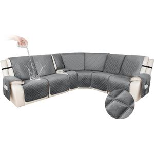 HDCAXKJ 100% Waterproof Velvet Recliner Sectional Couch Covers L Shaped Corner Reclining Sofa Cover Washable Thick Non Slip Sectional Slipcover with Pockets (5 Seat and 1 Middle Console, Grey)