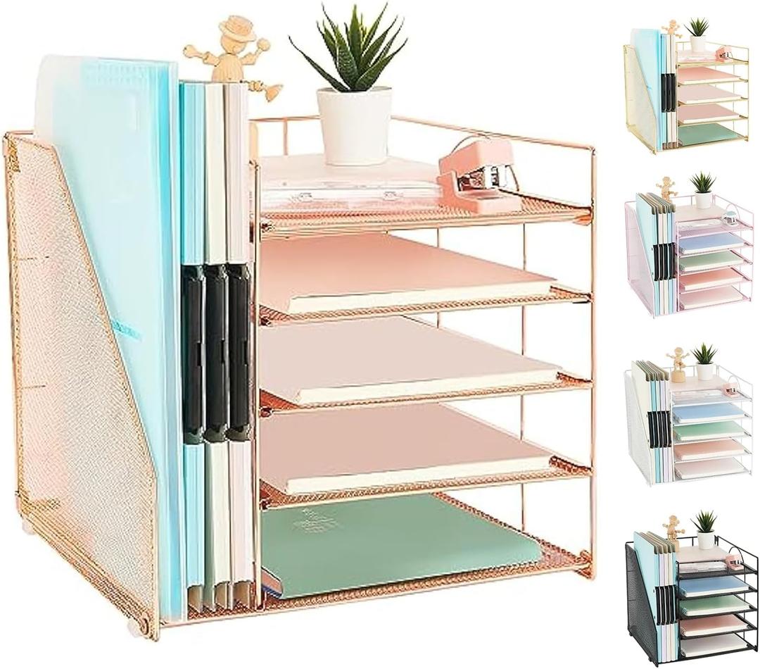 AUPSEN Desk Organizer with File Holder, 5 Trays Paper Letter Tray Organizer, Mesh Desk Organizers and Accessoriesand for Home Office (Rose Gold)
