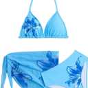RoseSeek Girl's 3 Piece Swimsuits Floral High Waisted Bikini Bathing Suit with Mesh Coverups Skirt (Blue, 10Y)