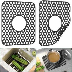 TOOVEM Kitchen Sink Mats, 2PCS Non-Slip Heat Resistant Silicone Sink Protector Mat, Folding Farmhouse Sink Mats, Center Drain, Black (2Pack-13.58"x11.6"-Center Drain)