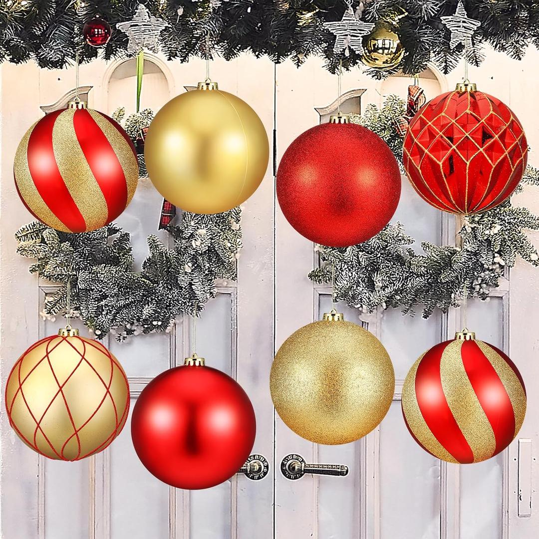 Wettarn Set of 8 Large Christmas Ball Ornaments 6 Inch Glitter Hanging Christmas Plastic Balls Indoor and Outdoor Hanging Christmas Tree Decorations for Lawn Yard Garden Party (Red and Gold)