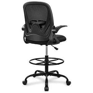 Primy Drafting Chair Tall Office Chair with Flip-up Armrests Executive Ergonomic Computer Standing Desk Chair with Lumbar Support and Adjustable Footrest Ring (Black) Size :54*25*53 cm