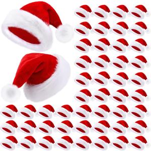 Vicenpal 50 Pcs Santa Hat Bulk Plush Velvet Christmas Hat for Men Women Xmas Party Favors Supplies (Red)