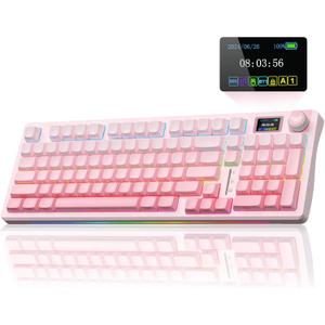 AULA S98 Pro Wireless Mechanical Keyboard with Screen & Knob,2.4GHz/USB-C/BT5.0 Hot Swappable Pink Creamy Keyboard,Pre-lubed Linear Switches,Side Printed PBT Keycaps,RGB Backlit Gaming Keyboards