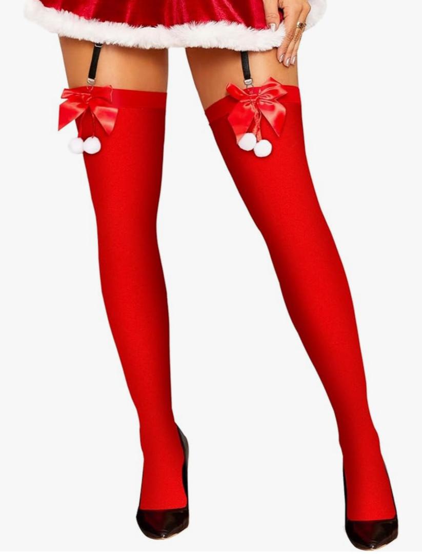 RSLOVE Christmas Thigh High Stockings for Women Sexy Fishnet Tights with Bow Accent Santa Accessory Hosiery One Size