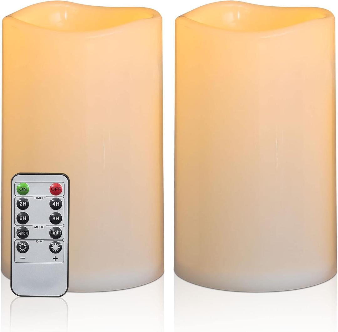 8" x 5" Waterproof Outdoor Flameless Candles Battery Operated LED Flickering Pillar Candles with Remote and Timer for Indoor Outdoor Lanterns, Long Lasting, Ivory White Large, Set of 2