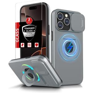 for iPhone 16 Pro Case Magnetic Compatible with MagSafe Wireless Charging,with 2 Screen Protectors,Built-in 360Kickstand Ring+Camera Cover Anti-Scratch Shockproof Heavy Duty Protection Grey (Gray)