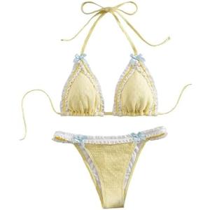 Milumia Women's Lace Trim Bow Tie Bikini Set Triangle Halter Cheeky 2 Piece Swimsuit Size Small