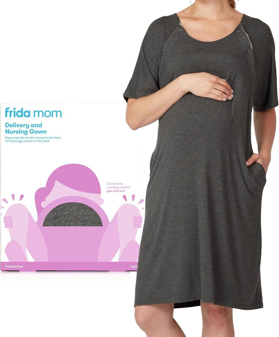 Frida Mom Labor and Delivery Gown for Hospital, Easy-Snap, Tagless Nursing Gown with Skin-to-Skin Access and Full Coverage in The Back, One Size