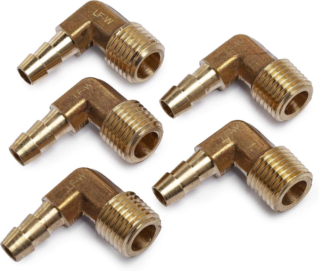 LTWFITTING No Lead 90 Deg Elbow Brass Barb Fitting 1/4-Inch Hose Barb x 1/4-Inch Male NPT Thread Fuel Boat (Pack of 5)