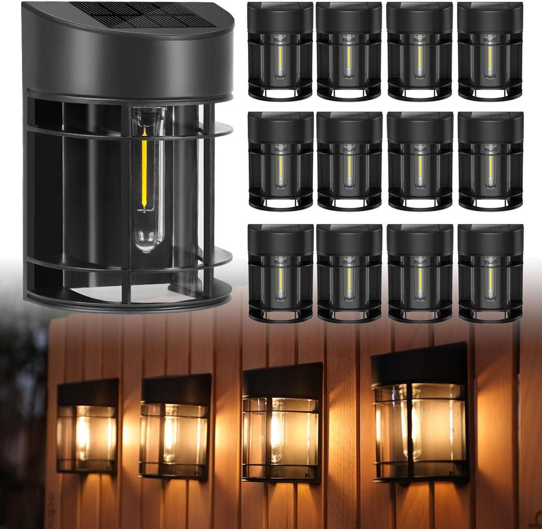 Solar Fence Lights, 12 Pack Waterproof Solar Lights Outdoor, Outdoor Solar Lights for Fence Garden Yard Step Deck Stairs (Black)