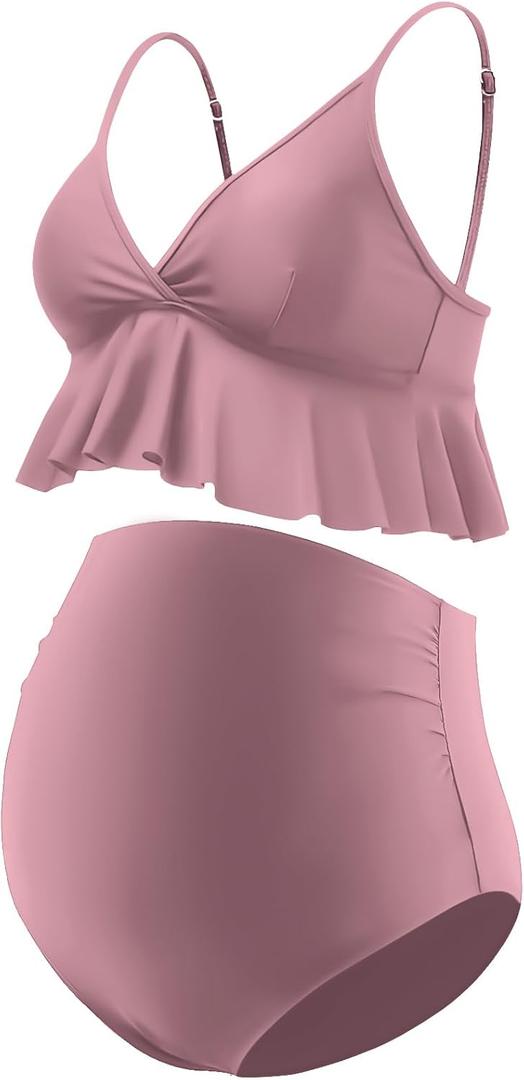 GINKANA Maternity Bikini Set Flounce Swimsuit Bathing Suit Top Swimwear Bottom Bathing Suits (Small, Dark Pink)