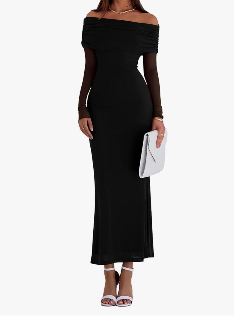 REORIA Fall Dresses for Women 2025 Elegant Off The Shoulder Long Sleeve Formal Wedding Guest Bodycon Maxi Dress (Black, M)