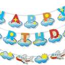 2 x Blue Happy Birthday Banner Sign Airplane Banner Birthday Party Supplies Nursery Hanging Decorations 19Pcs