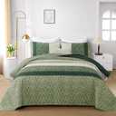 Cottolester Green Full Quilt Set,Striped Plaid Bedspread Coverlet Set,Khaki Boho Summer Bedding Set Soft Microfiber Bedding Set with 2 Pillow Shams 78"x90"