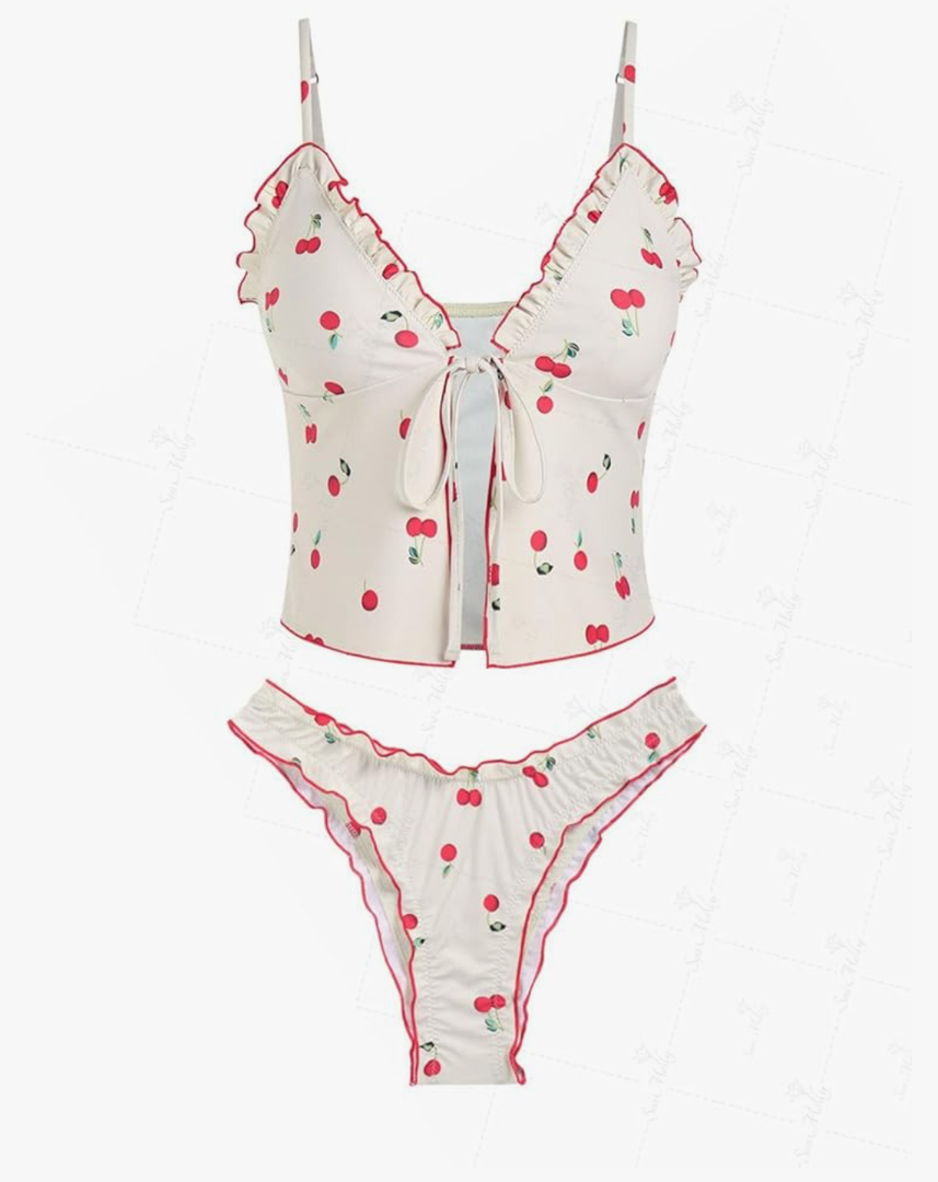 Seamoly Gingham Bowknot Decor Smocked Ruffles Tie Front Tankini Set, Size: Medium