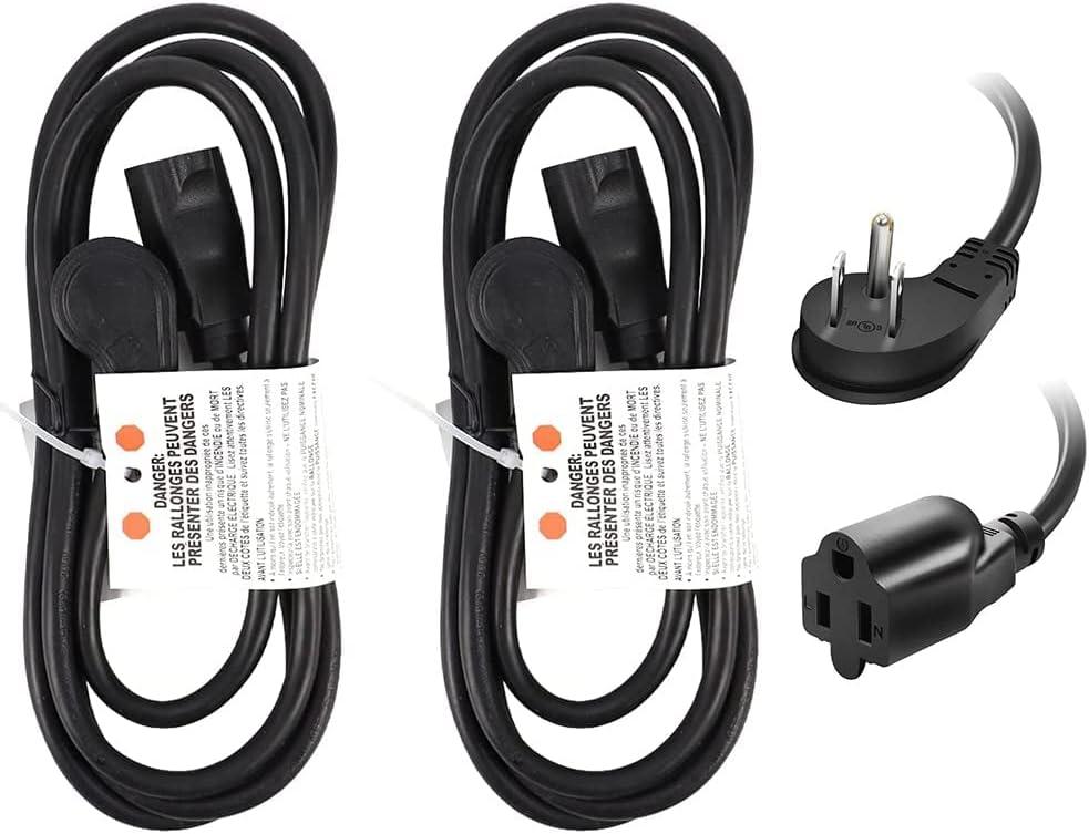 EP 2 Pack 6 Ft Flat Plug Extension Cord, 16 AWG 3 Prong Grounded Black Low Profile Extension Cable for Indoor