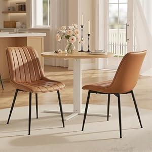 VASAGLE Dining Chairs Set of 2, Upholstered Kitchen Chairs, Synthetic Leather, Max. Load 264 lb, Steel Legs, Curved Backrest, for Dining Room, Caramel Brown and Ink Black ULDC090KN03